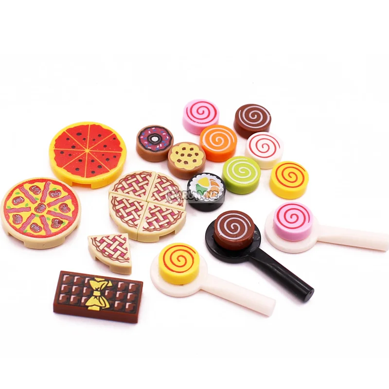 Marumine-Mini bloques de construcción de alimentos, accesorios de cocina, hamburguesa, Pizza, patatas fritas, pastel, galletas de Chocolate, ladrillos MOC, piezas de cesta de juguete