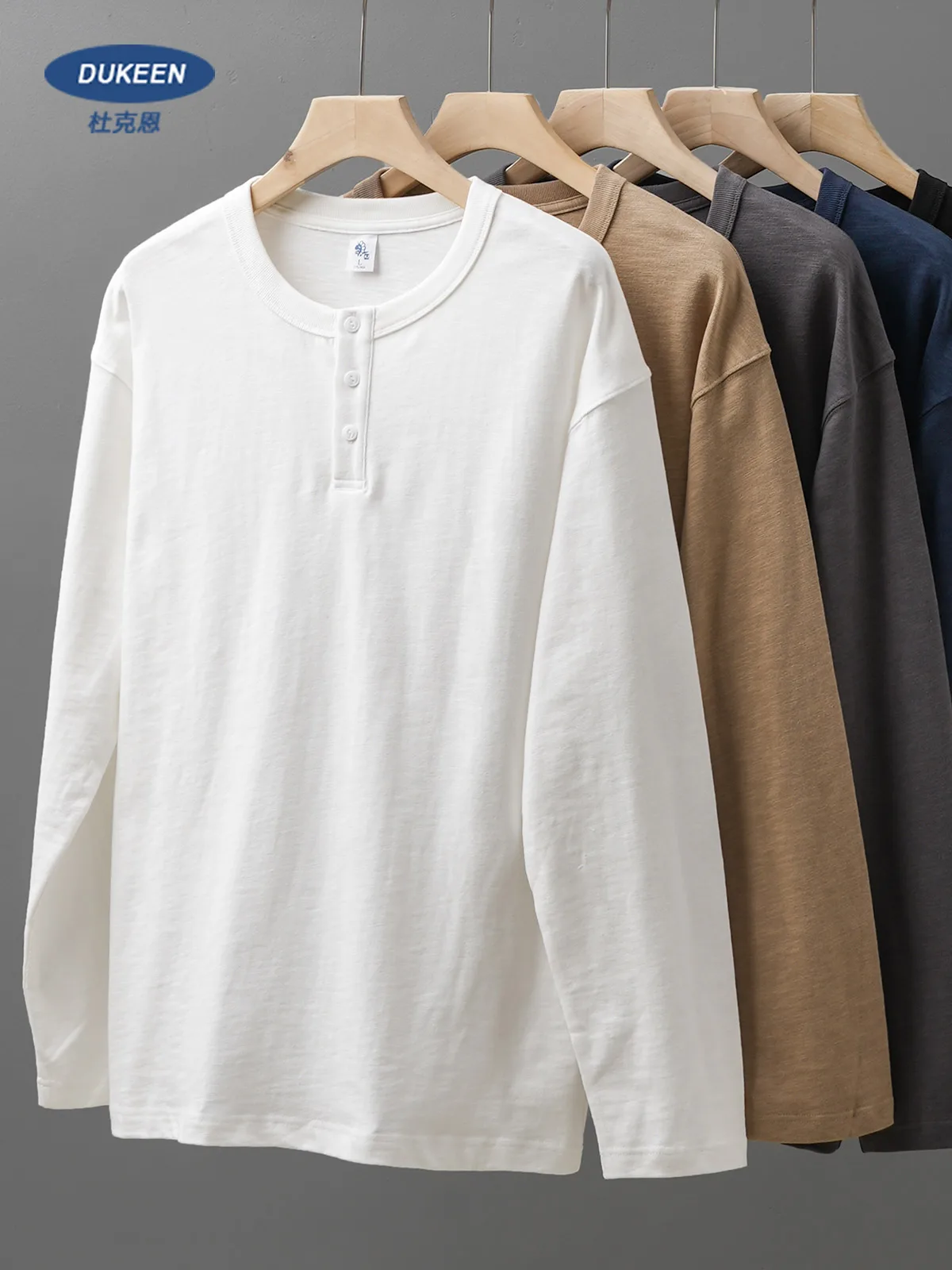 Dukeen 320G peso pesado 100% algodón Henley cuello camiseta para hombres de manga larga primavera otoño Casual Tops camisetas interiores de Color sólido
