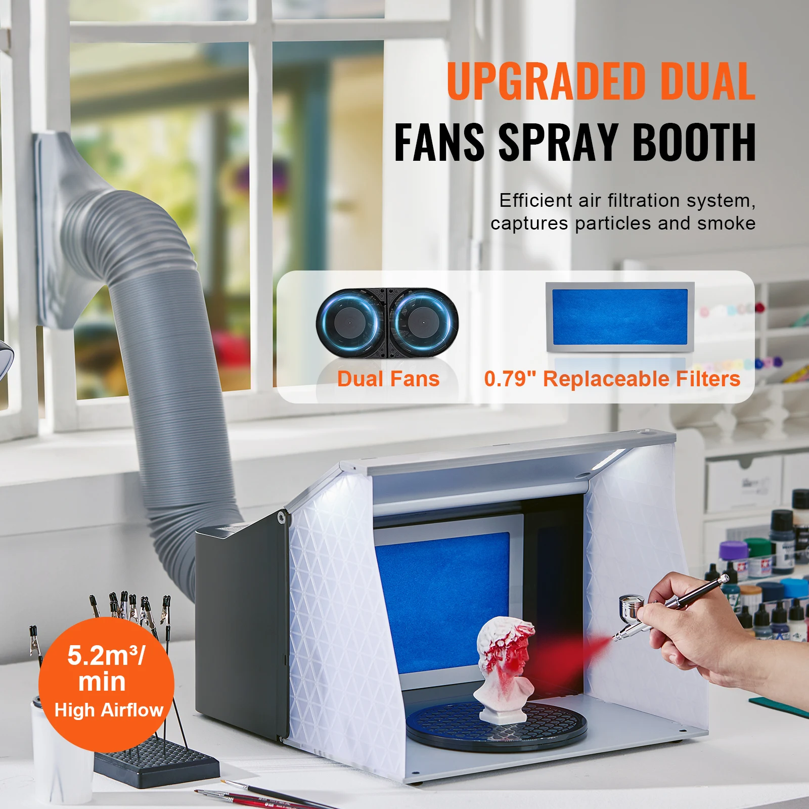 SucceBuy Cabina de pulverización de aerógrafo Kit de cabina de pulverización de pintura de aerógrafo portátil para Hobby con 4 ventiladores de escape duales potentes con luz LED