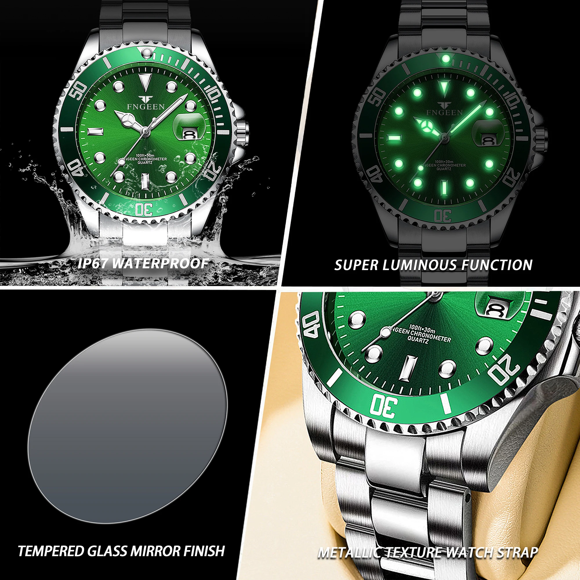 Relojes de pulsera de cuarzo con correa de acero inoxidable de la marca FNGEEN Son de BINBOND para hombre, reloj luminoso impermeable para hombre, reloj de lujo.