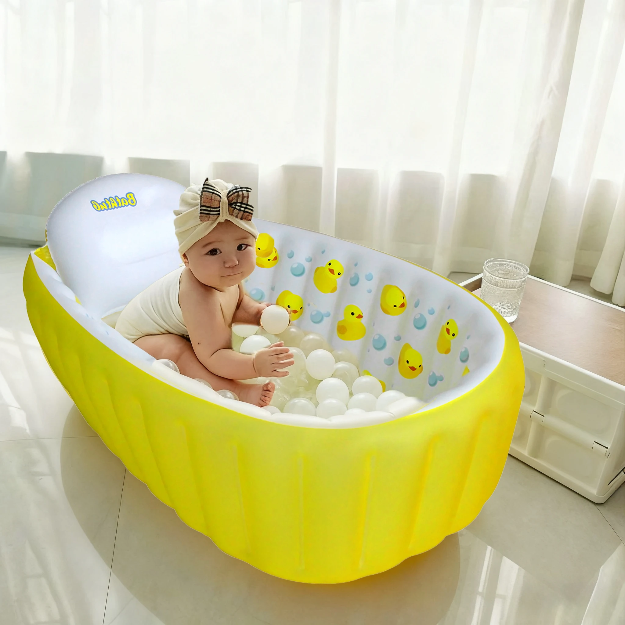 Piscina de bañera inflable para sentarse, bañera portátil antideslizante para bebés y niños de 0 a 6 meses, amarillo