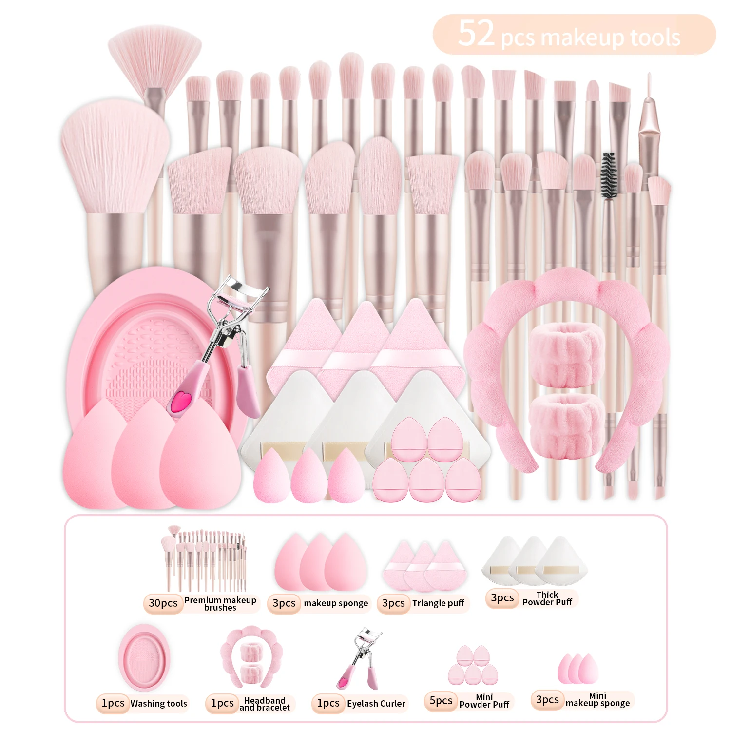 Set de 52 Piezas de Herramientas de Maquillaje con 30 Brochas, Brocha para Polvo, Brocha para Base + Esponjas, Borlas, Rizador de Pestañas, Diadema para Lavar la Cara