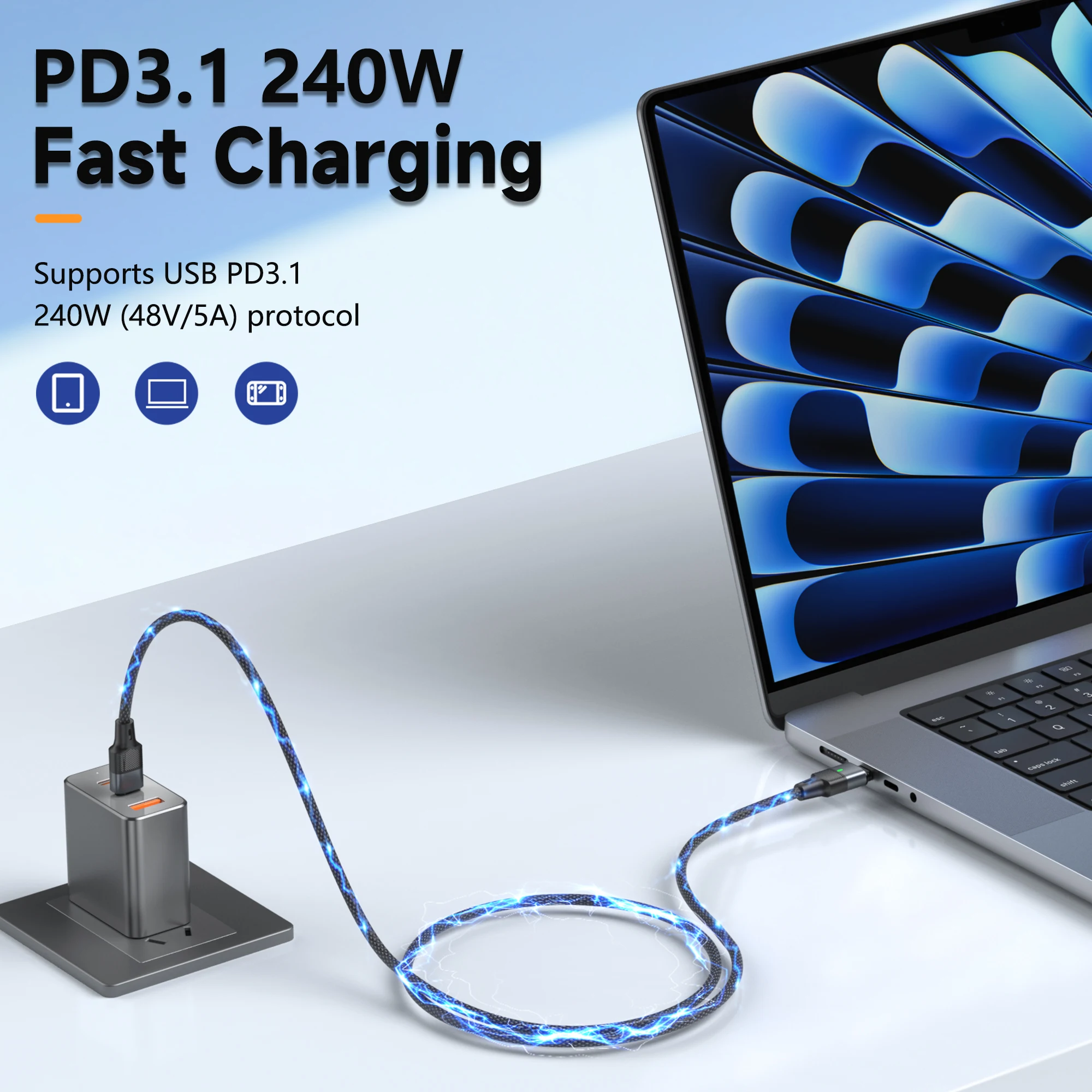 Cable Magnético USB-C Boxiang 240W 48V5A PD3.1, Carga Rápida, Conector Magnético, Sincronización de Datos de Alta Velocidad 120Gbps, Cable Cargador Tipo C de Doble Uso