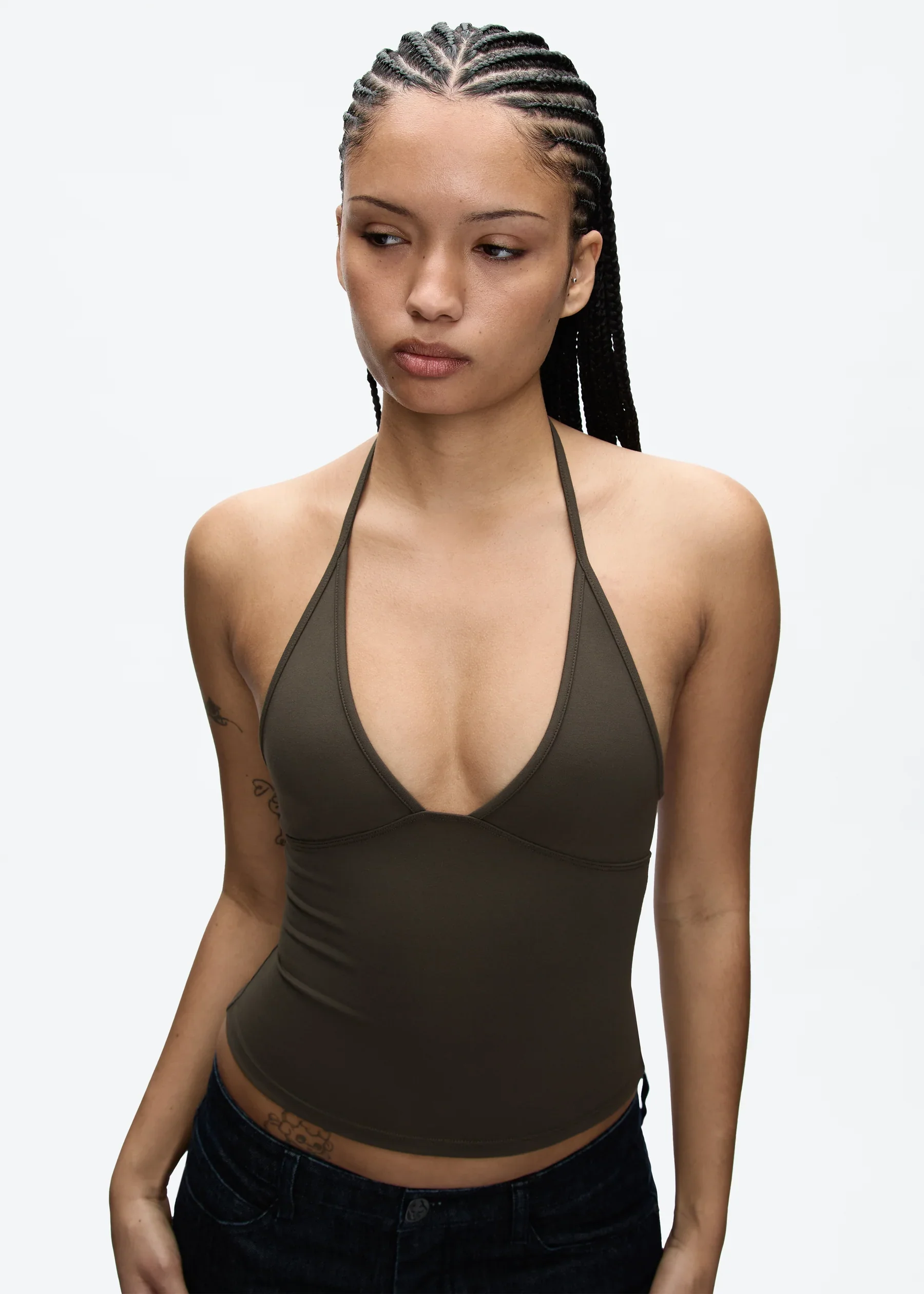 Camisola con cuello halter y escote en V profundo, top corto ajustado, top sin espalda ajustado que realza la cintura, prenda exterior versátil, camiseta básica de color liso para un look atrevido