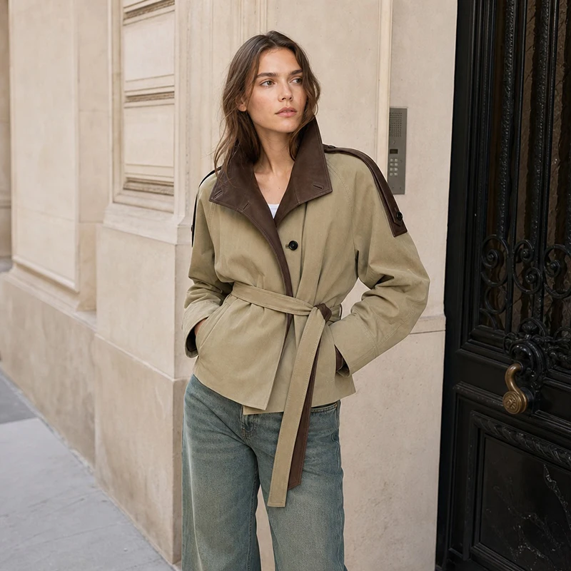 Gabardina Corta para Mujer, de Piel Sintética, con Hombreras Empalmadas, Cinturón en la Cintura, Corte Holgado, Color Caqui, Chaqueta Corta Vintage 2026, Ropa Exterior para Damas