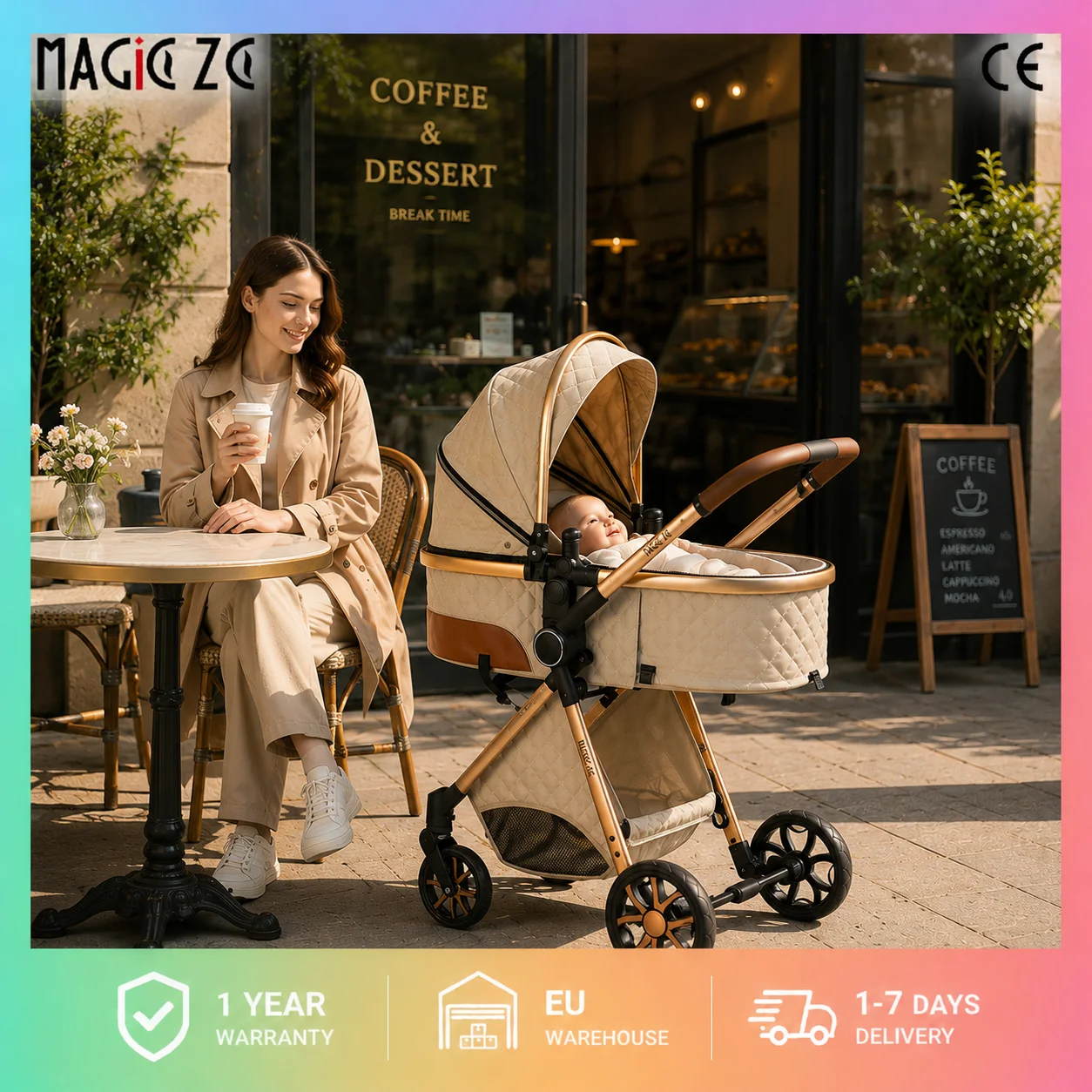 Sistema de Viaje para Bebé 3 en 1 Magic ZC, Cochecito Compacto Plegable con Capazo, Silla de Auto para Bebé y Asiento Reversible, Cochecito de Alta Gama, Ruedas con Amortiguación, Manillar Ajustable, Plegado con una Mano, Desde Recién Nacido Hasta Niño Pequeño, Beige