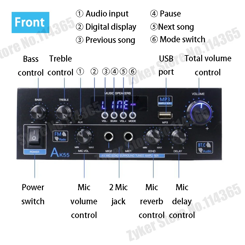 Amplificadores de sonido AK35/AK45/AK55 amplificador Digital Bluetooth para Karaoke de coche en casa amplificador estéreo HiFi de 2 canales FM Control remoto USB