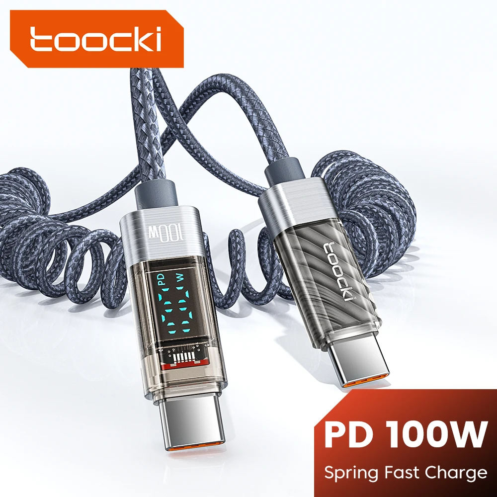 Cable USB-C a USB-C en espiral Toocki 100W PD para Macbook, iPad, Samsung Galaxy, Huawei, con carga rápida y LED, cable de datos USB tipo C