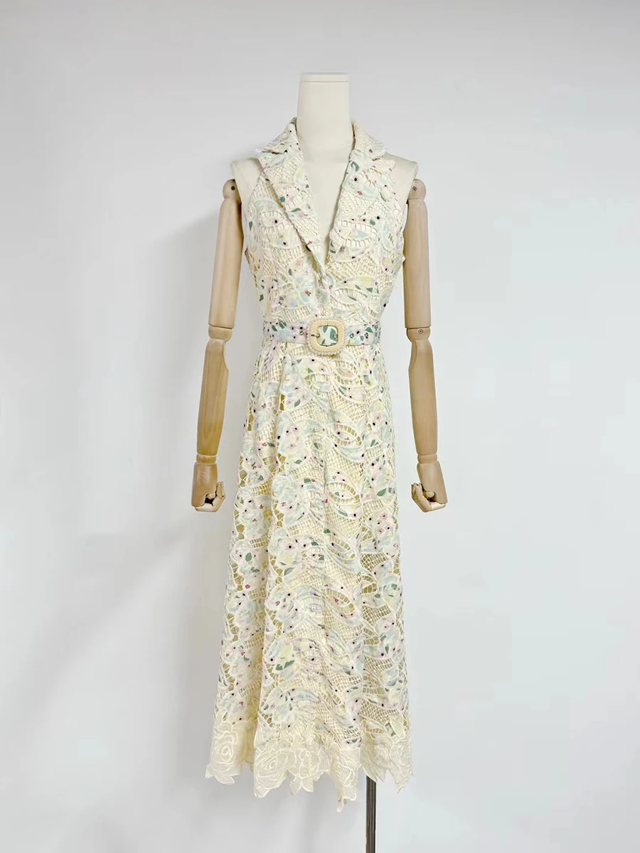 TWOTWINSTYLE, vestidos adelgazantes calados de Color intenso para mujer, vestido sin mangas con solapa de cintura alta, vestido con temperamento, estilo de moda femenina