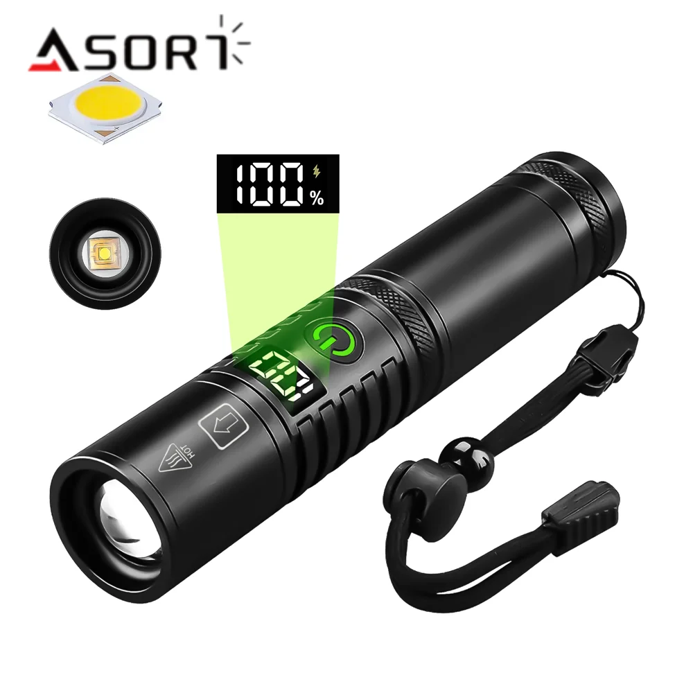 Foco de alta potencia, linterna LED de largo alcance con carga tipo C, linterna táctica de aleación de aluminio con zoom para exteriores