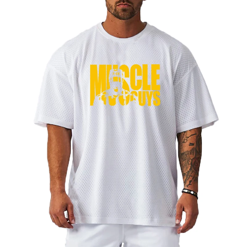 Camiseta de manga corta de malla de poliéster para hombre, ropa informal para gimnasio, Fitness, culturismo muscular, camisas holgadas de gran tamaño de secado rápido para verano