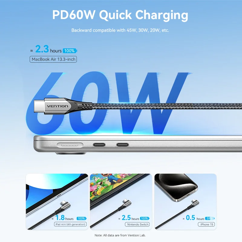 Vention Cable de carga de 60W USB tipo C a 90 codo C Cable para iPhone 17 16 MacBook Samsung S25 Cable de carga rápida Cables de teléfono
