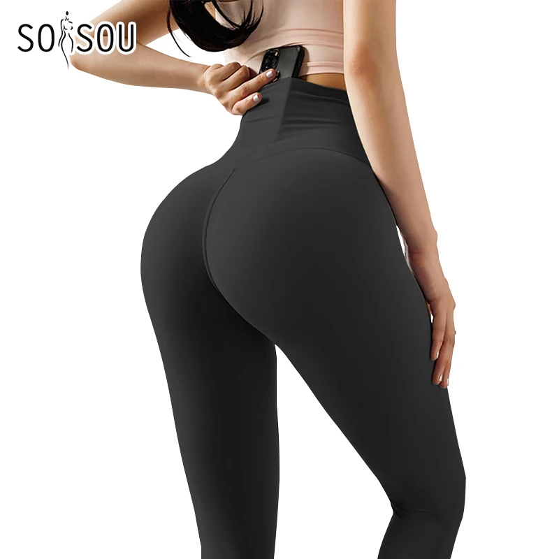 SOISOU-mallas de nailon para Yoga pantalones de mujer, pantalones deportivos de cintura alta, sin línea T, bolsillo oculto, Color sólido, 42 colores
