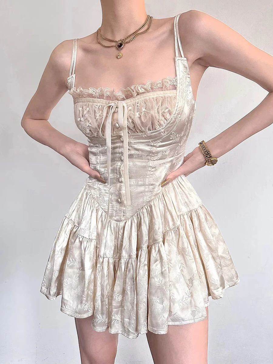 REDDACHiC Mini vestido retro medieval de satén y pantalones cortos de encaje, corsé floral coqueto, camisola, mono, ropa de verano para mujer