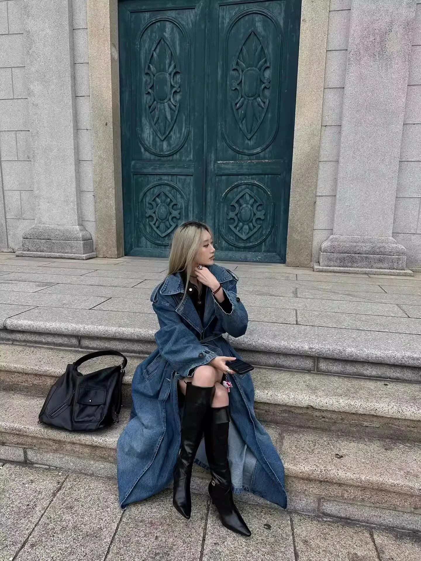 Gabardina cortavientos vaquera larga para mujer, abrigo vaquero Retro con doble botonadura, gabardina larga informal holgada de pierna ancha, otoño 2025
