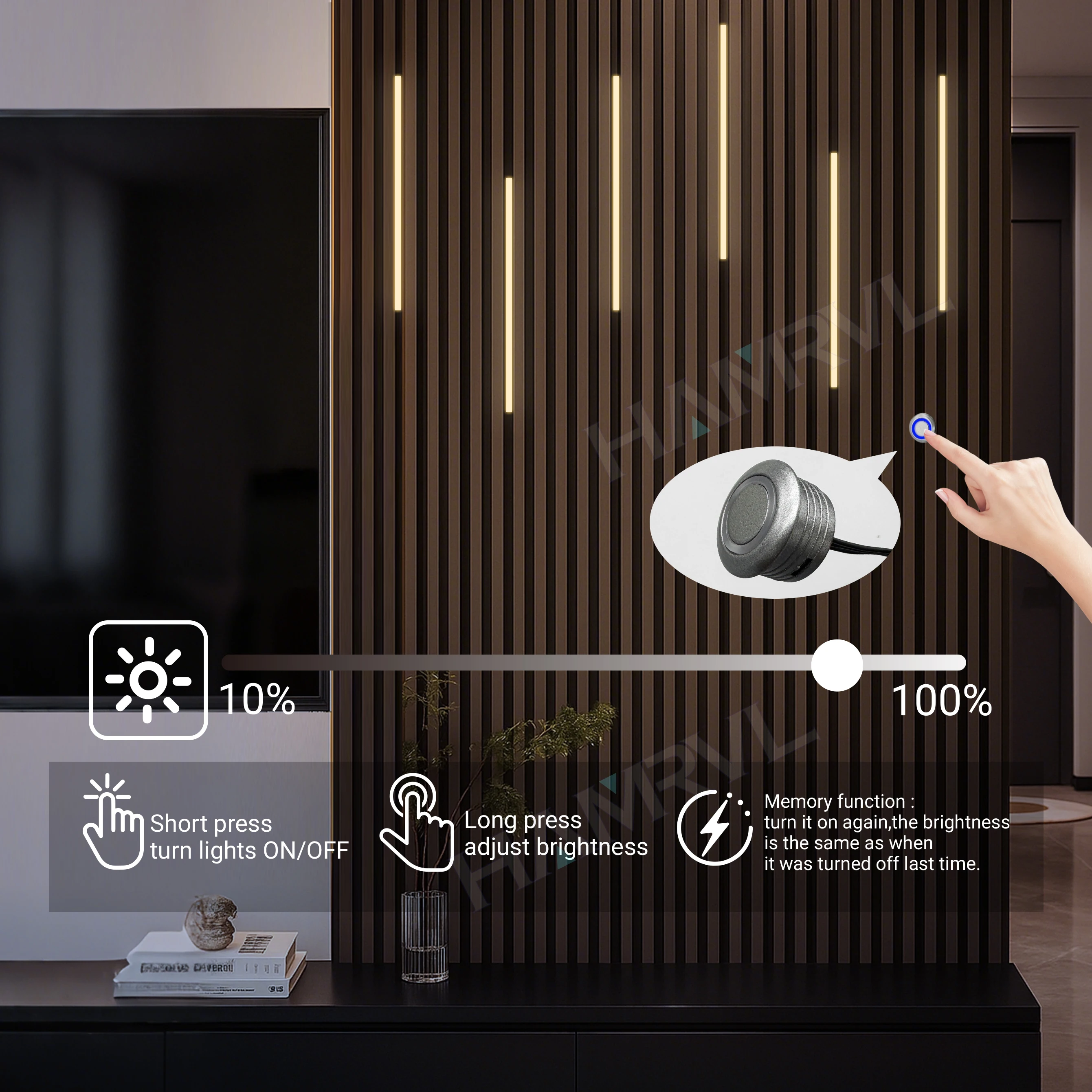 Iluminación empotrable LED Tira de luz LED para panel de pared de listones de madera en paralelo con sensor táctil, autoadhesivo para decoración de paredes de listones
