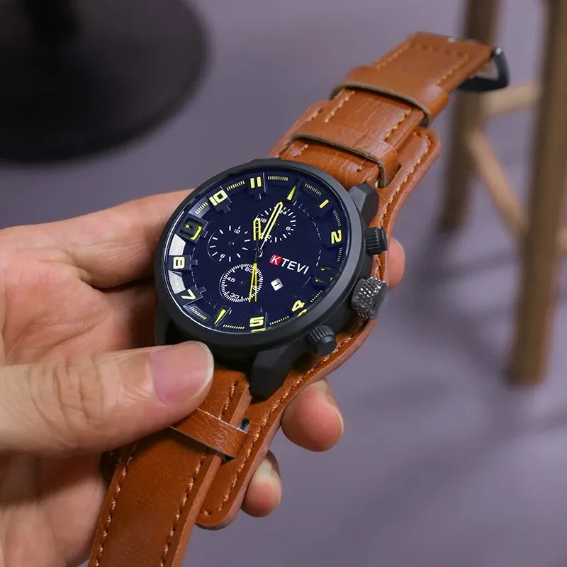 Relojes Retro para hombre, reloj de lujo de alta gama para hombre, correa de cuero PU, reloj de cuarzo para negocios con fecha, reloj de pulsera táctico militar con esfera grande