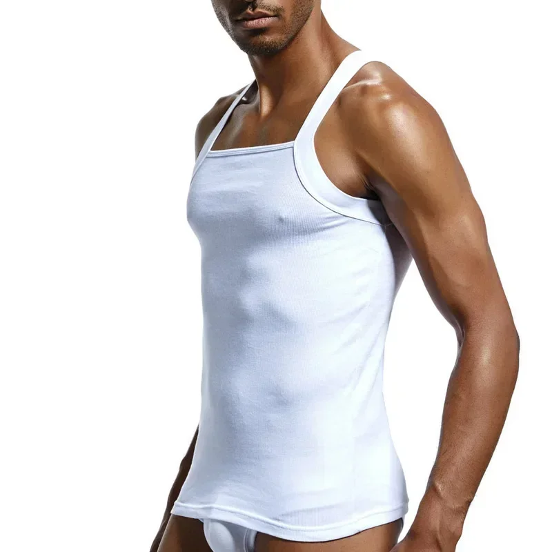 Camisetas sin mangas de corte cuadrado para hombre, camisetas interiores informales acanaladas de algodón, camisetas sin mangas musculares, chaleco de entrenamiento elástico cómodo sin mangas