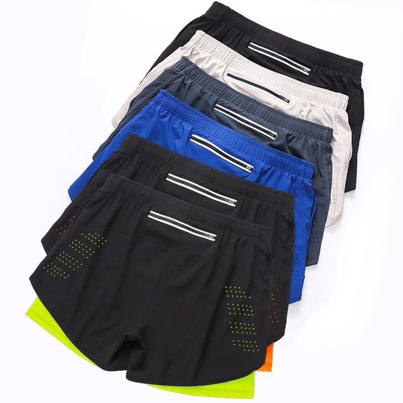 Pantalones cortos para correr para hombre, pantalones cortos negros de doble capa para Fitness de secado rápido, nuevos pantalones cortos deportivos para entrenamiento y culturismo