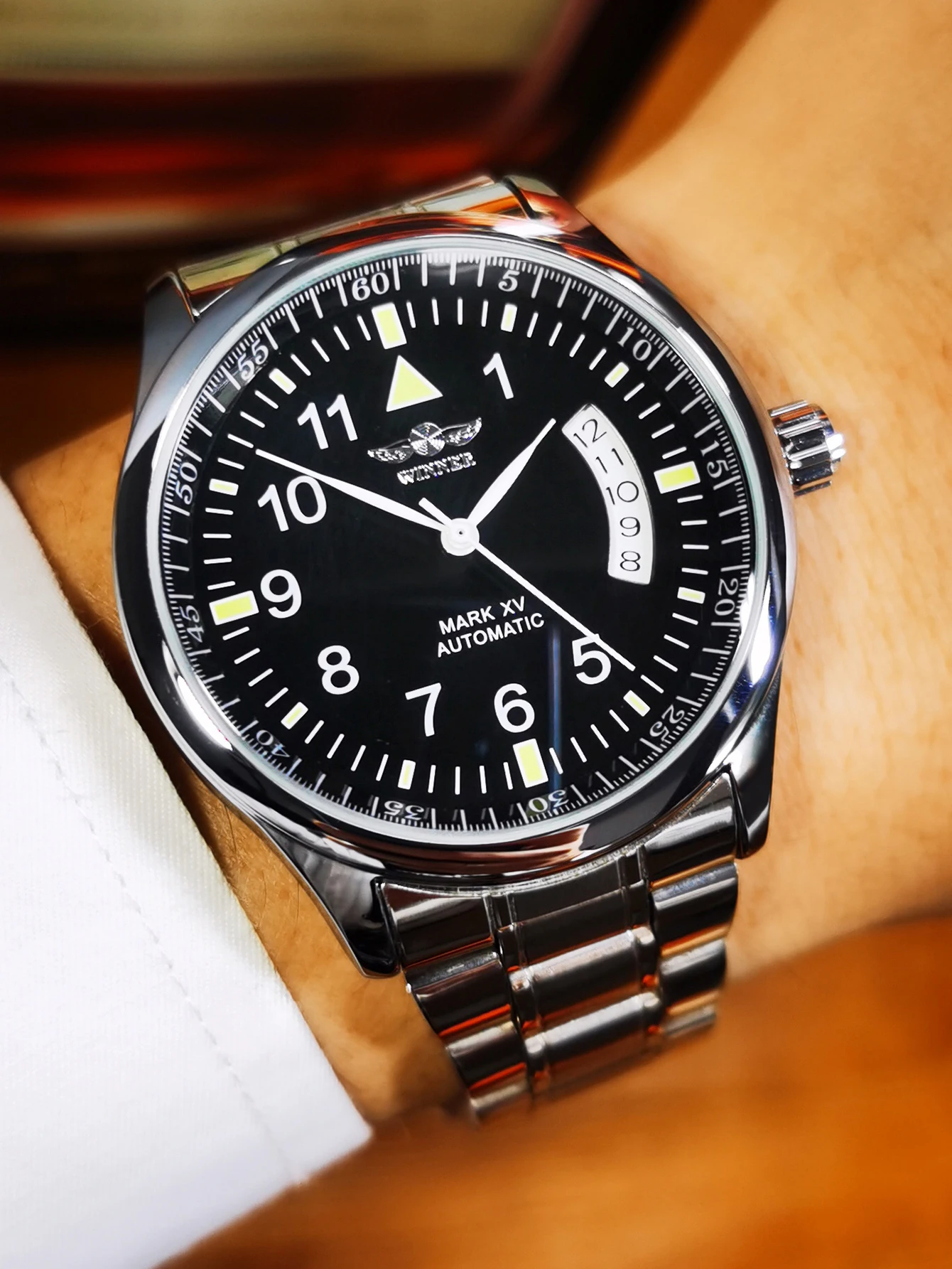 Reloj Automático de negocios WINNER para hombre, ventana con calendario, esfera negra a la moda, correa de cuero de moda, relojes mecánicos de marca de lujo