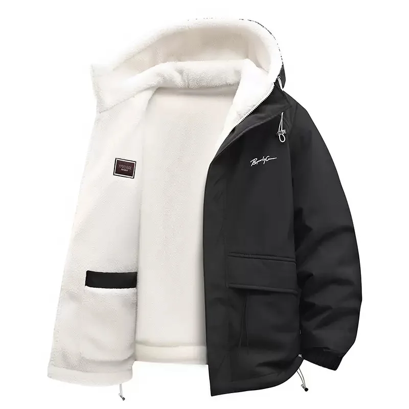 Tendencia de moda de invierno con forro polar grueso y chaqueta cálida con capucha para hombre, chaqueta deportiva holgada informal de talla grande de alta calidad