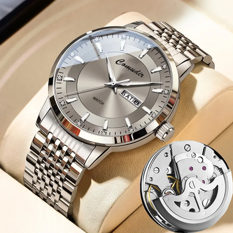 Reloj de hombre plateado no mecánico con correa de acero, diseño hueco, resistente al agua, luminiscente en la oscuridad, con doble calendario y noctilucente.