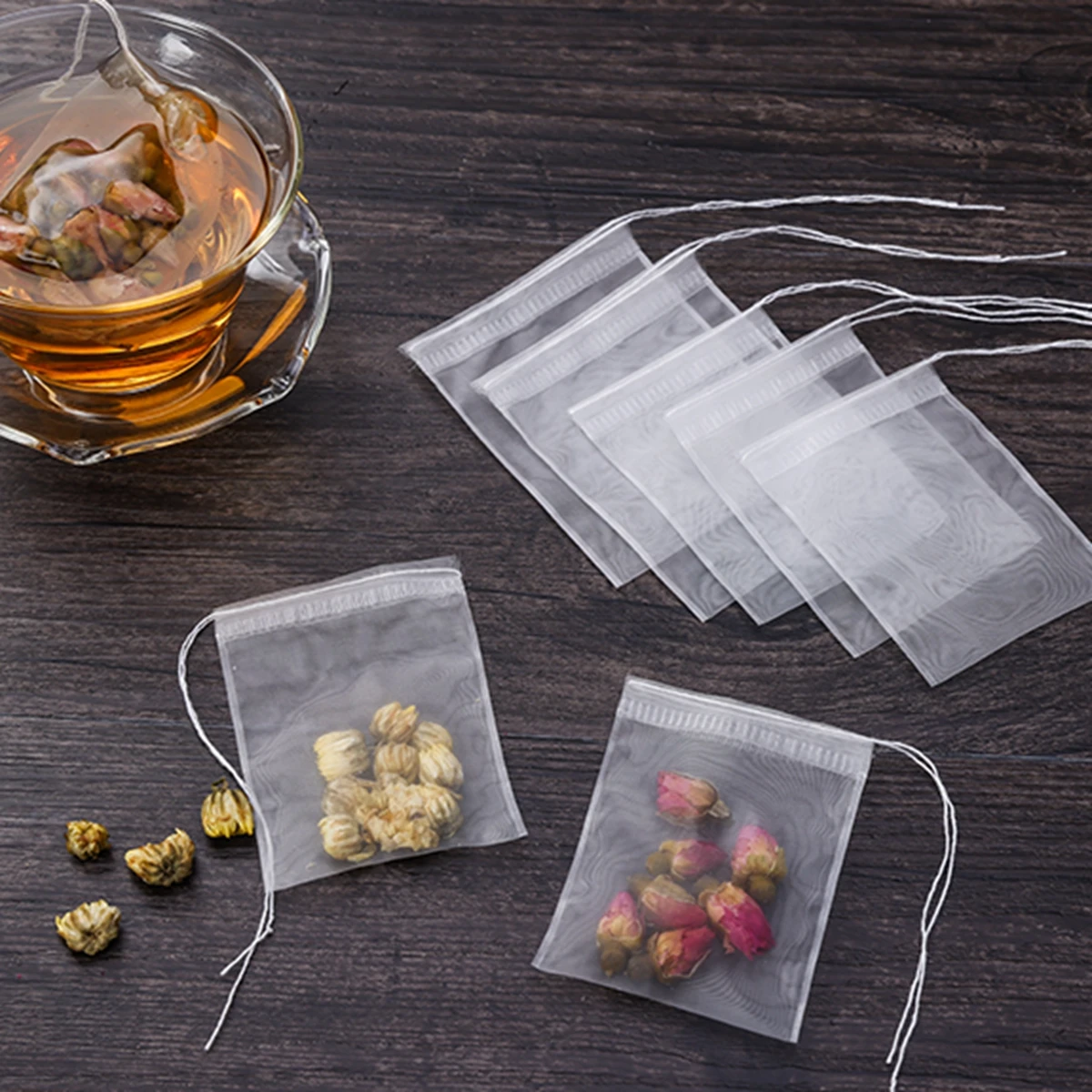Bolsas de té transparentes reutilizables de nailon, bolsitas de té vacías con sello de cuerda, filtro para hierbas y especias, 500 piezas