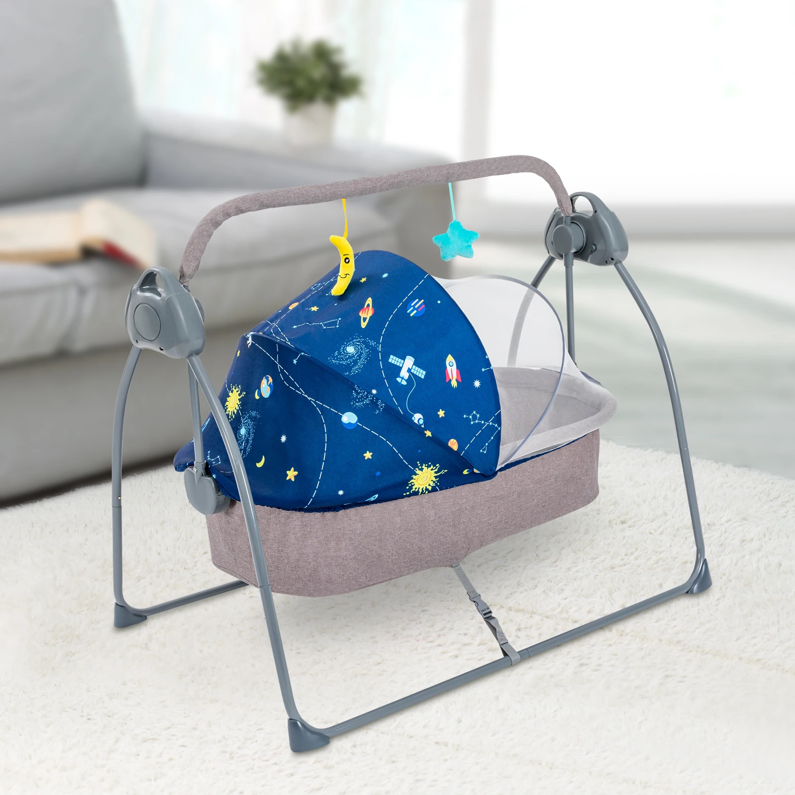 Cuna Mecedora Plegable para Bebé con Música y Temporizador, Cuna Eléctrica de 5 Velocidades con Función de Balanceo Automático, Cama Mecedora Portátil para Bebés de 0 a 18 Meses