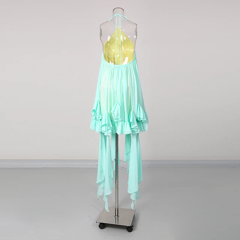 TWOTWINSTYLE Vestido Mini Holgado con Volantes y Diseño de Parches para Mujer, Cuello Halter, Sin Mangas, con Cordones, Moda Femenina, Nuevo