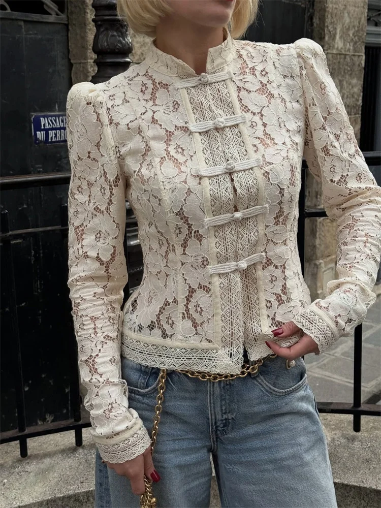 Tossy-camisas con estampado de encaje para mujer, Tops calados a la moda para ir al trabajo, blusa transparente Vintage, camisas de encogimiento de hombros de encaje para mujer, novedad