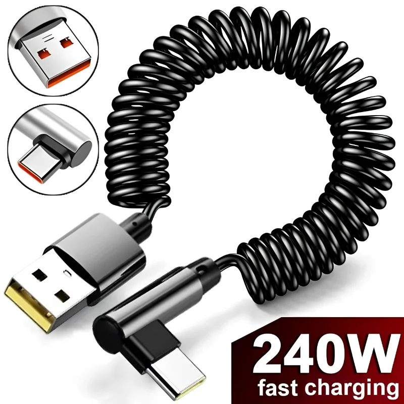Cable de datos extensible de 240W con resorte corto, USB A a Tipo C, cable de carga rápida para iPhone, Samsung, Huawei, cable cargador de teléfono.