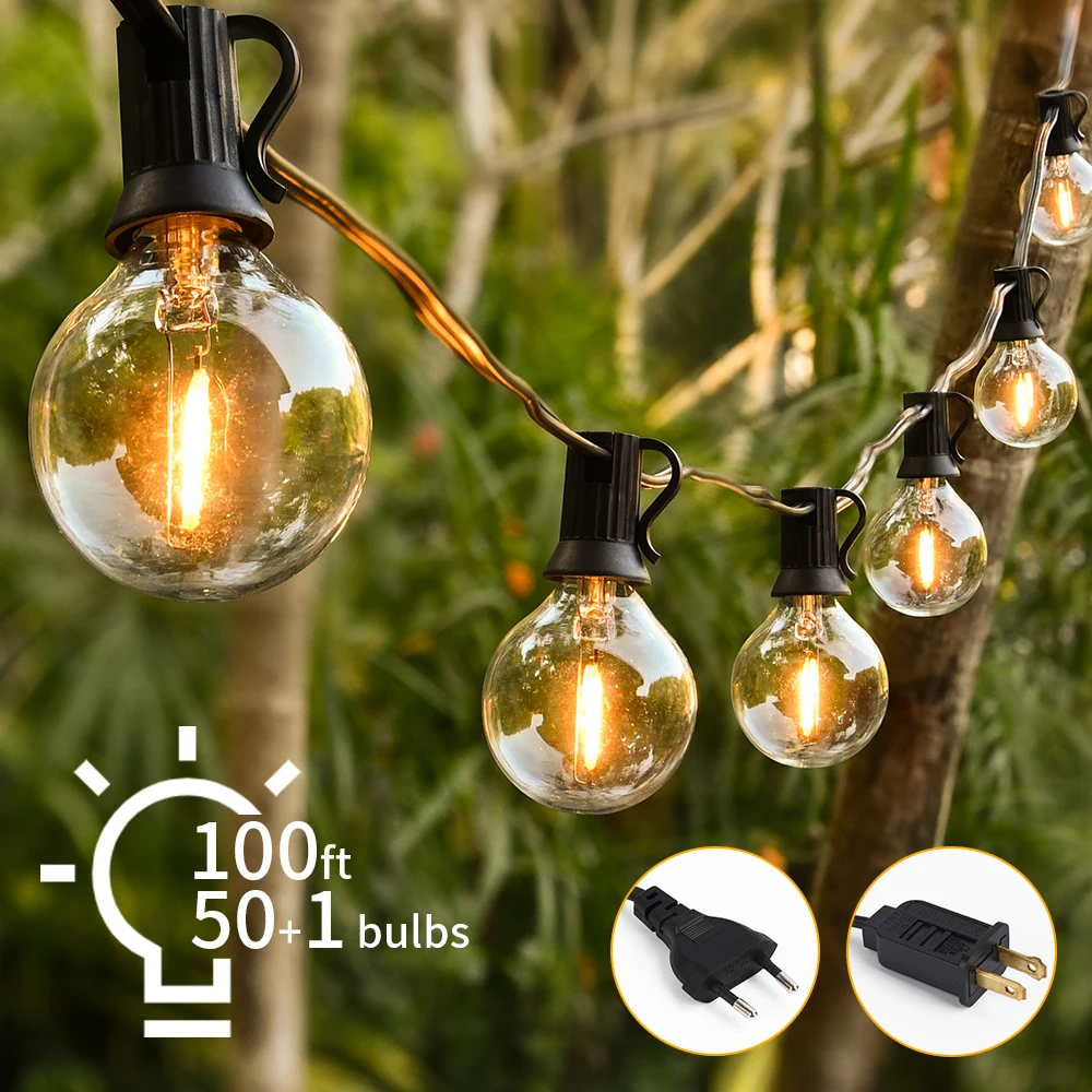 Guirnalda de luces LED de 30M para Fiesta de cumpleaños al aire libre, cadena de luces G40 para Patio, jardín, cadena de bombillas Vintage transparente para decoración de boda