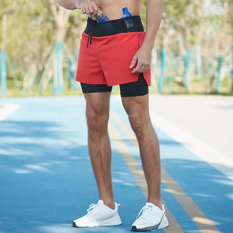 Pantalones cortos de doble cubierta para hombre, para correr, gimnasio, Fitness, correr, bolsillo de secado rápido, traning, trotar, entrenamiento