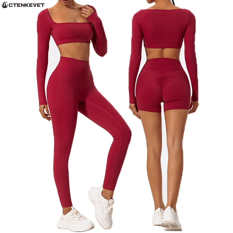 Conjunto deportivo de manga larga para mujer, ropa deportiva para correr al aire libre, ropa de yoga, top corto, conjunto deportivo para mujer