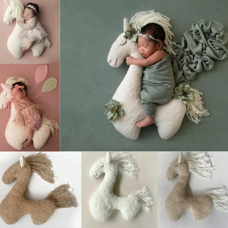 Accesorios de fotografía recién nacido unicornio posando caballo almohada cojín manta telones de fondo estudio fotográfico estera Linda decoración de muñeco de peluche