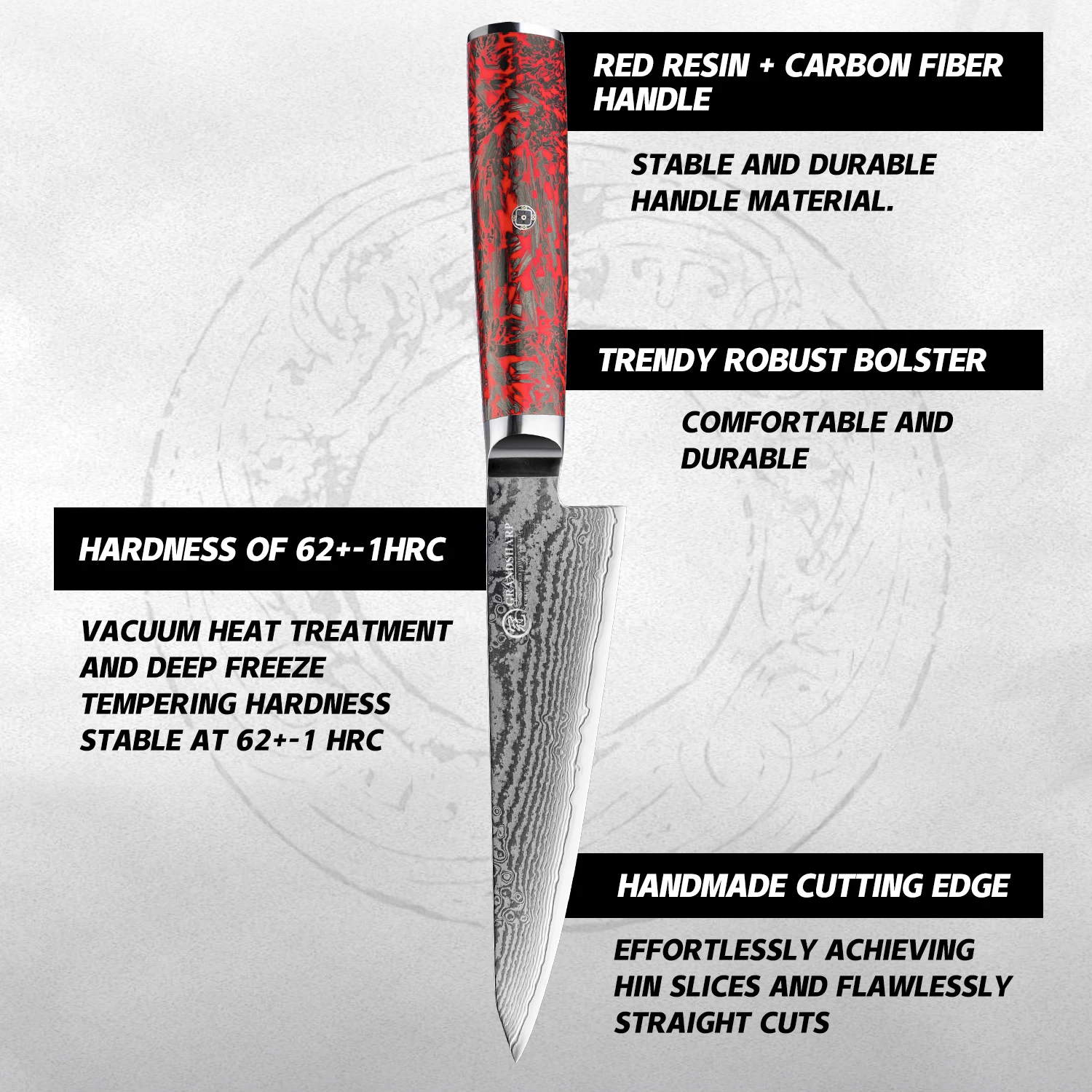 Grandsharp-cuchillo de cocina de Damasco, multiusos, súper afilado, de acero S35VN, para Chef, con mango de resina roja, 5,8 pulgadas