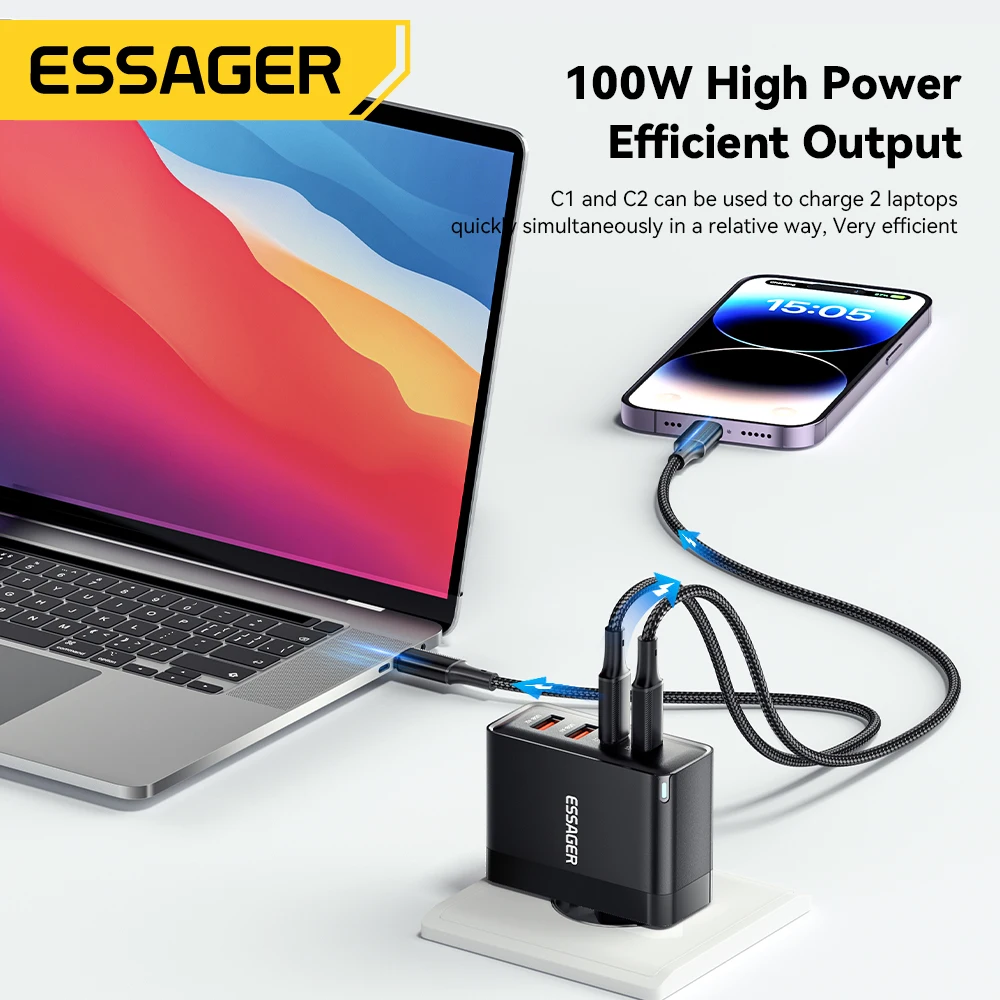 Essager 100W US/KR enchufe USB tipo C cargador GaN para ordenador portátil Macbook PD carga rápida para iPhone 16 15 14Pro Samsung adaptador de carga