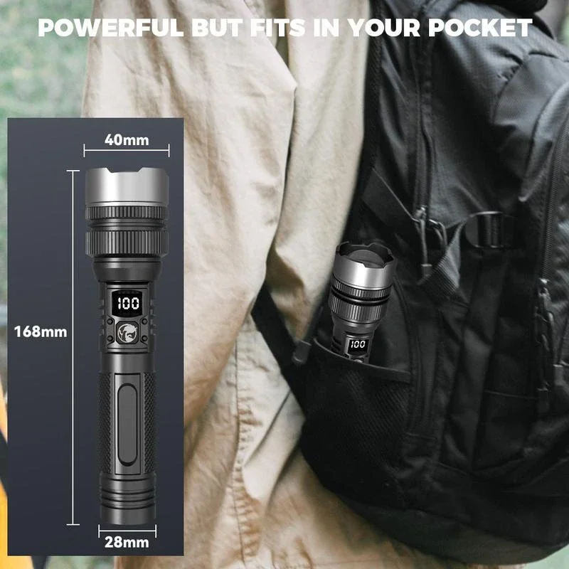Linterna LED Súper Brillante Lenovo 1000000LM Recargable USB-C con Pantalla Digital, Resistente al Agua IPX8, Larga Duración, para Camping y Emergencias