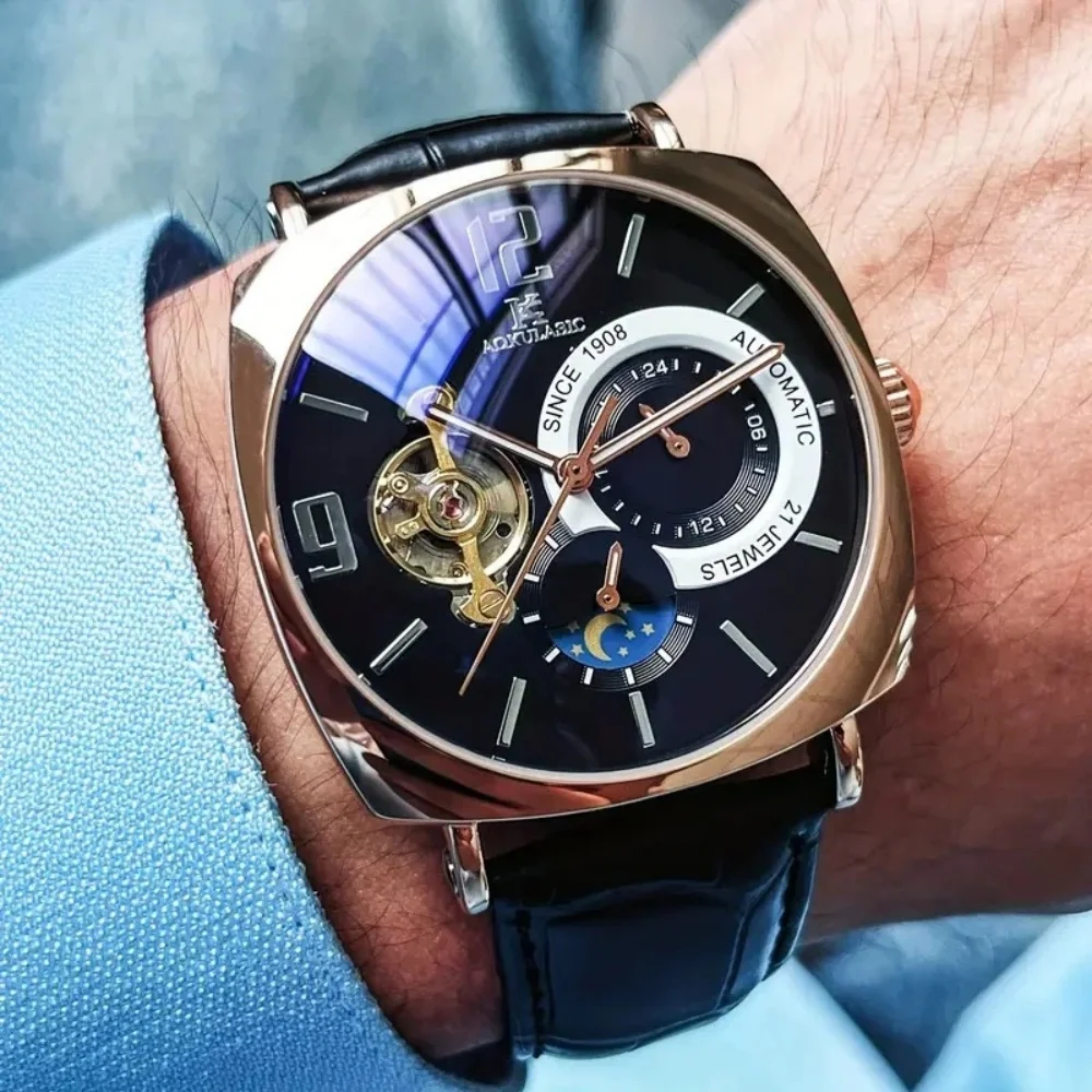 Reloj Mecánico para Hombre, Estilo Retro |   Elegante, esfera de esqueleto, diseño hueco, caja de aleación, correa de cuero sintético |   Ropa de Negocios y Casual, No Requiere Baterías