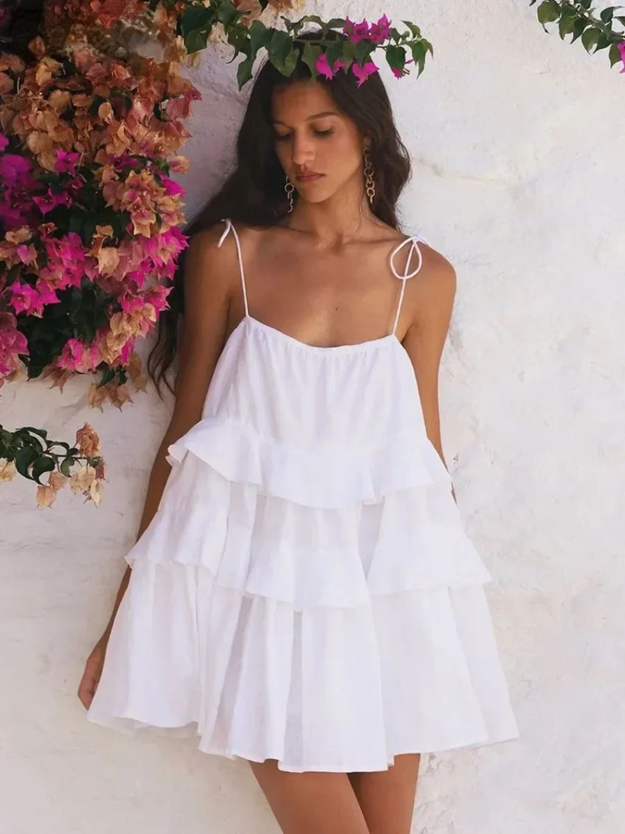 Wolfeel-vestido Sexy holgado blanco 100% de algodón para mujer, minivestido sin mangas con tirantes, vestido de playa clásico con volantes para mujer
