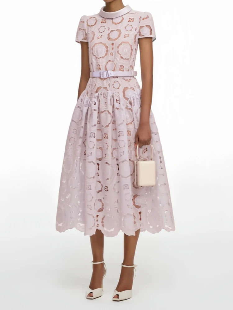 Vestido midi sexy con cuello redondo, bordado floral, diseño hueco, con cinturón, para mujer, color rosa, mangas cortas, vestido de línea A con flores, vestido de noche para fiesta.