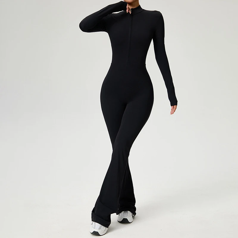 Nuevo Mono con Cremallera y Pantalones Acampanados, Ropa Deportiva para Mujer, Conjuntos Deportivos de Yoga y Gimnasio, Conjuntos de Entrenamiento de Spandex y Nailon, Chándal para Mujer