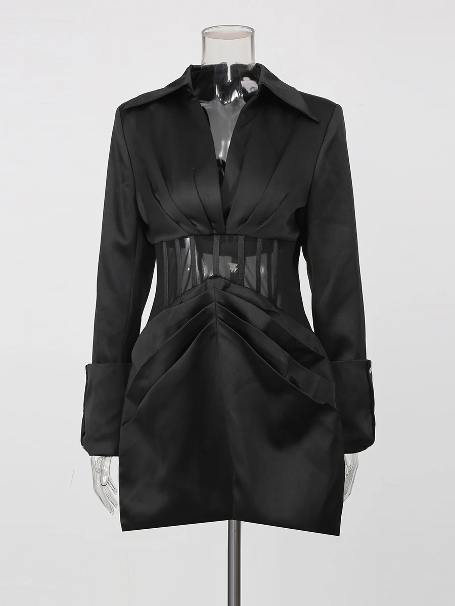 Vestidos de malla con patchwork adelgazantes TWOTWINSTYLE para mujer, cuello en V, manga larga, cintura alta, mini vestido elegante, ropa de moda femenina