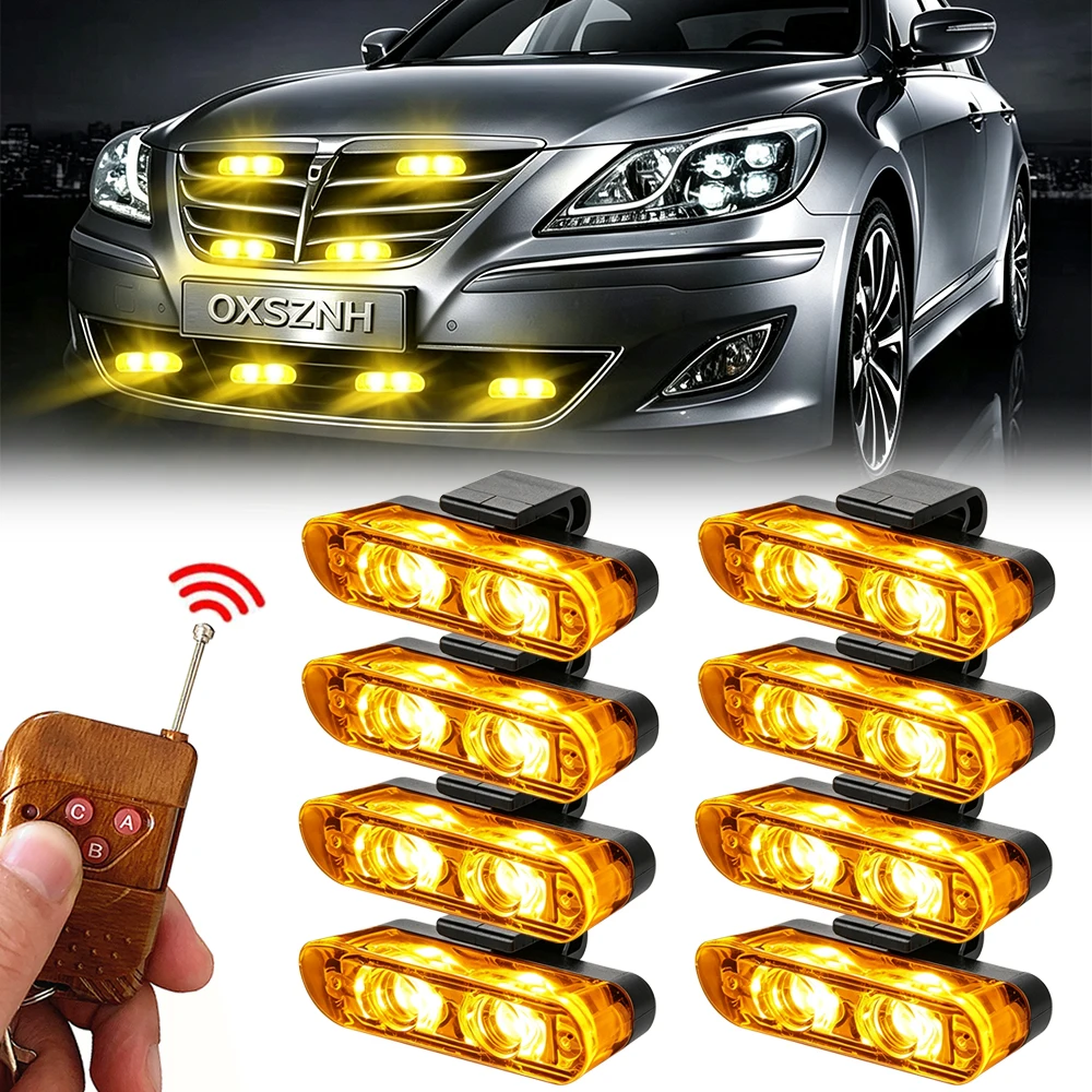 2 Luces Estroboscópicas LED para Parrilla de Coche, Color Ámbar Amarillo, Lámpara de Advertencia Intermitente LED de 12V, Accesorios para Parrilla de Vehículo