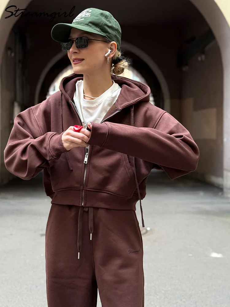 Chándales de mujer, chándal de lana de invierno, sudaderas con capucha y pantalones de chándal marrones cálidos con cremallera, conjunto para mujer, conjuntos de pantalones de terciopelo de 2 piezas, chandal mujer
