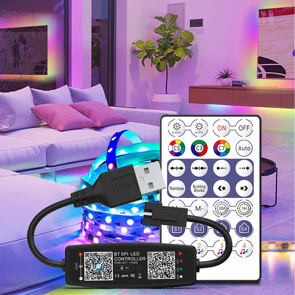 Controlador LED WS2811 WS2812B, música Bluetooth con micrófono para tira de luces LED SK6812 WS2812 Pixel, aplicación remota de 24/28 teclas, DC5-24V remoto