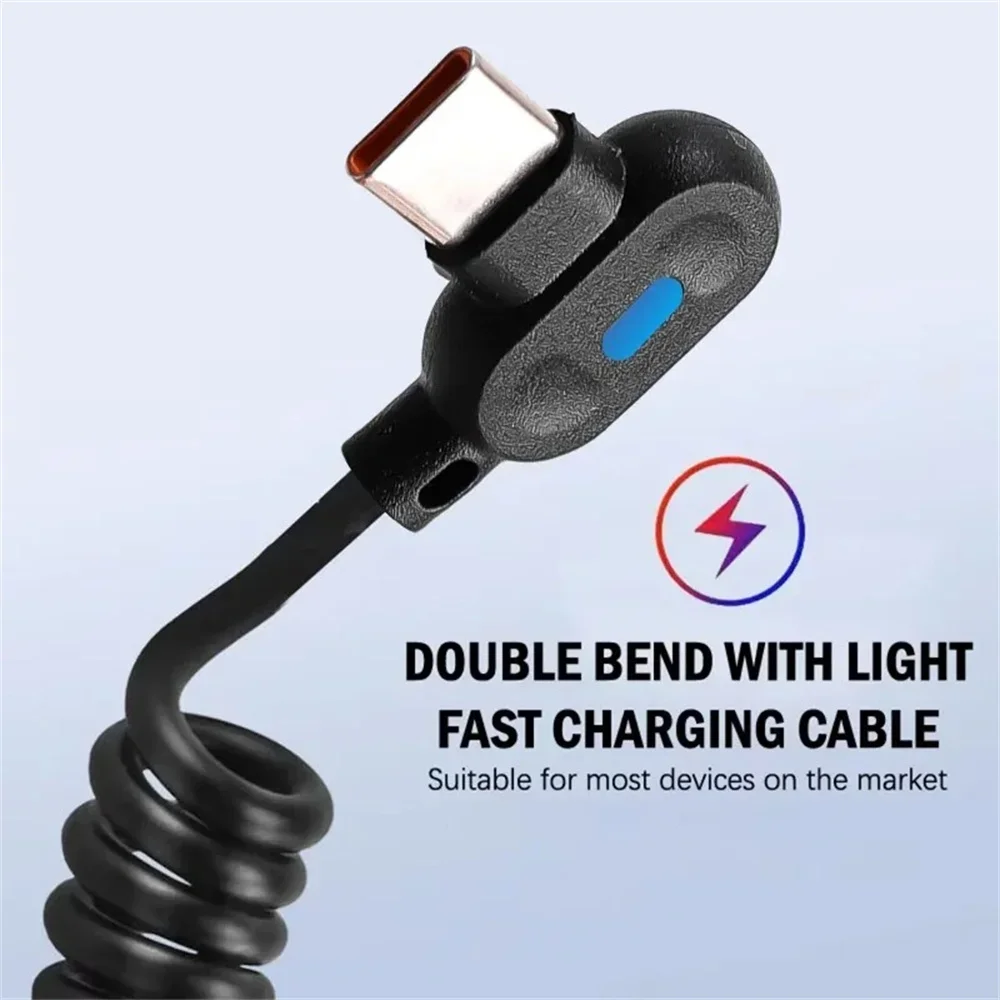 Cable de datos de resorte corto de carga rápida 6A, Cable de carga rápida de codo USB tipo C para Samsung, Huawei, Xiaomi, Cable de sincronización de cargador de teléfono