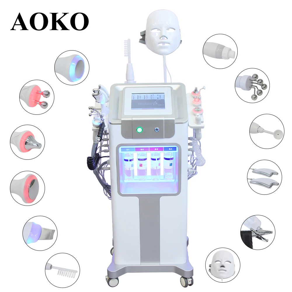 AOKO nuevo 12 en 1 hidrodermoabrasión Aqua Peeling ultrasonido cuidado Facial inyección de oxígeno rejuvenecimiento de la piel máquina de belleza de merlán