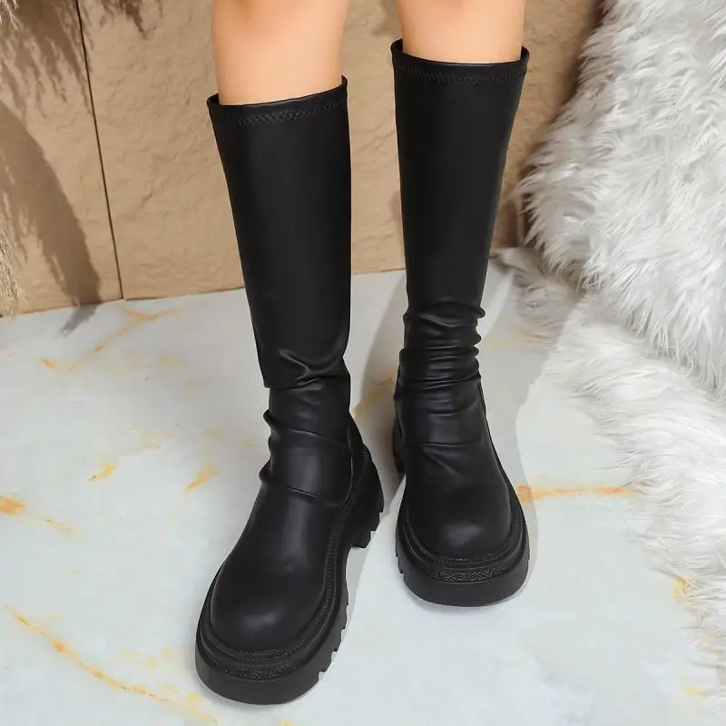 Botas Altas Negras Sexys con Plataforma y Tacón Grueso para Mujer, Invierno 2026, Cómodas, Elásticas, para Montar a Caballo, Tallas Grandes