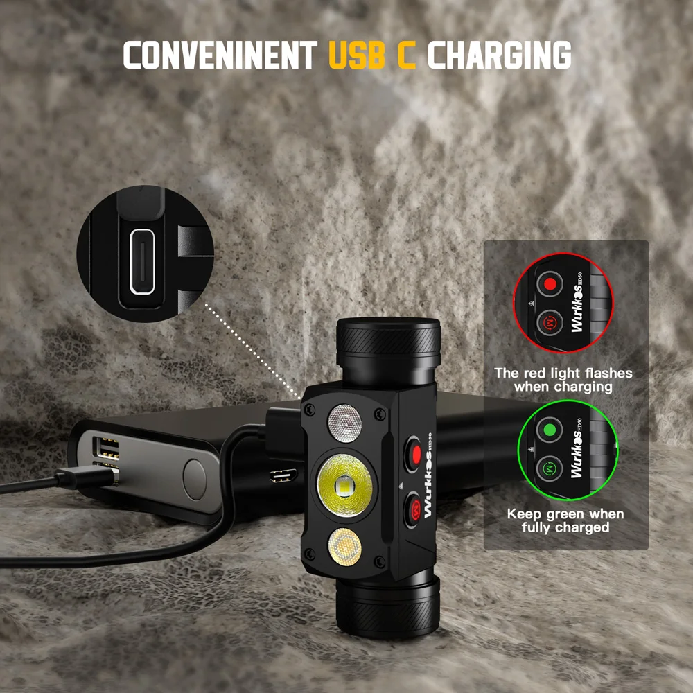 Linterna Frontal Wurkkos HD50 Ultrabrillante de 4000 Lúmenes con Funciones de Luz Roja y Blanca, Recargable por USB-C 21700, Linterna LED